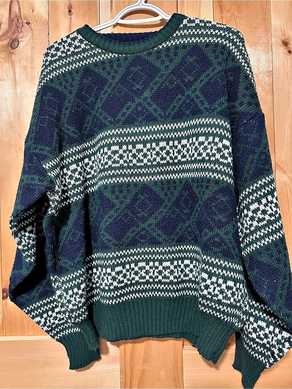 Jonathan Drew Geometric Crewneck Sweater in Green & Blue Size Medium